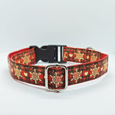 Christmas Holiday Red with Golden Snowflake Dots Dog Collar - S-L sizes with custom matching pet tag - Adventures of Rubi